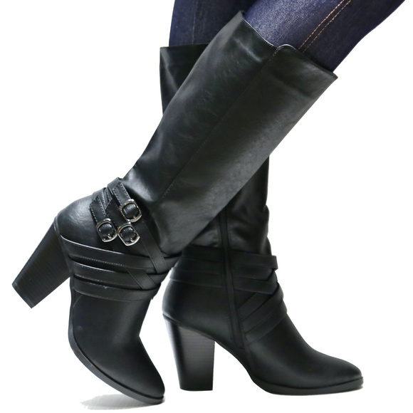 black mid calf block heel boots